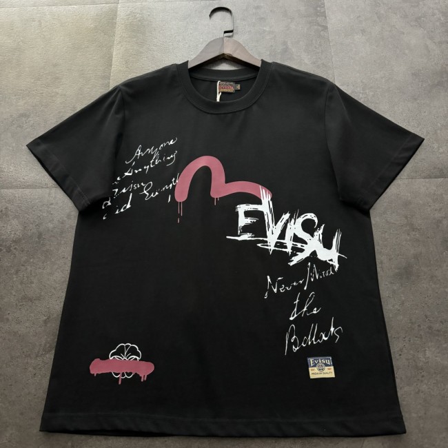 Black Evisu Seagull Graffiti Print T-Shirt