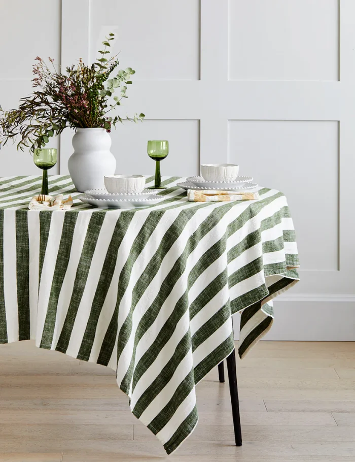 Olive stripe organic cotton tablecloth
