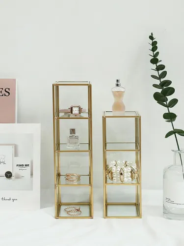 Tempered glass partition cosmetics storage box (gold)