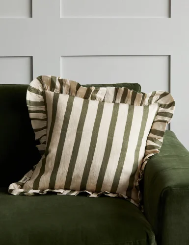 Amuse La Bouche olive green candy stripe scalloped cushion