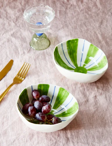 2 pieces white and lemon green abstract shape bowl