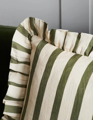 Amuse La Bouche olive green candy stripe scalloped cushion