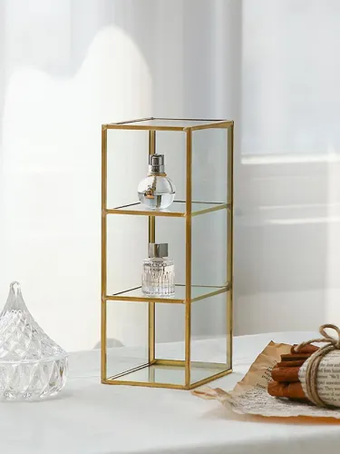 Tempered glass partition cosmetics storage box (gold)
