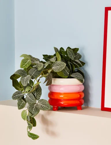 Pink, red and orange piled flowerpots