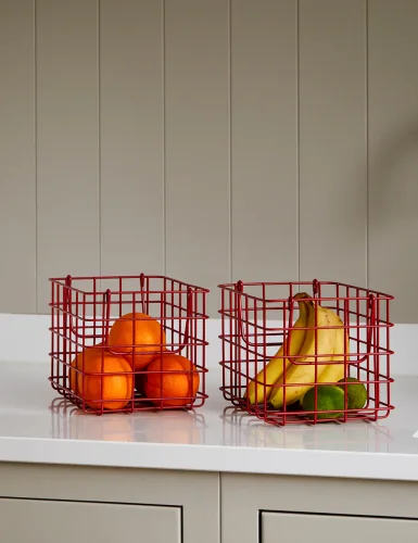 Mustard-colored three-piece metal basket - poppy red