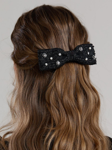 Twinkle Tweed Pearl Crystal Ribbon Pin