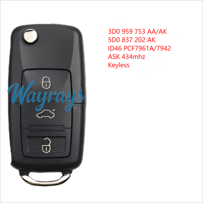 For VW 3D0 959753AA/AK 5K0837202AK ID46 chip PCF7961A/PCF7942 with ASK 434mhz keyless 3 button remote key