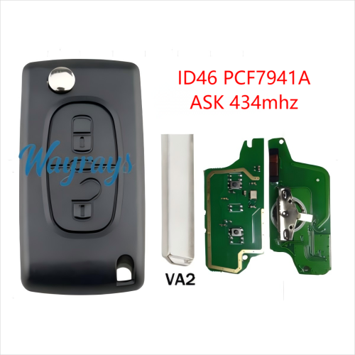 For  Citroen/Peugeot CE0523 ID46 chip PCF7941A with ASK 434mhz 2/3/4 button remote key，battery on the PCB,VA2/HU83 blade