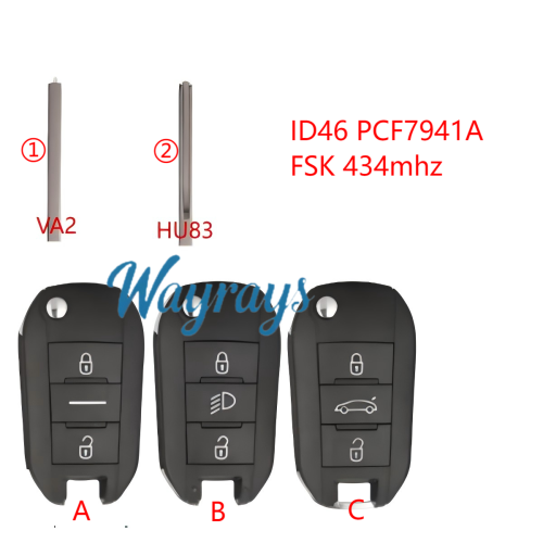 For  Citroen/Peugeot ID46 chip PCF7941A with FSK 434mhz 2/3 button remote key