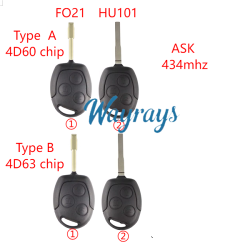 For Ford 4D60/4D63 chip with ASK 434mhz 3 button remote key