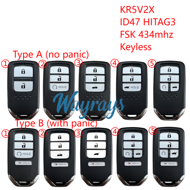 For Honda KR5V2X PN:A2C98319100 ID47  chip HITAG3 with FSK 434mhz keyless remote key