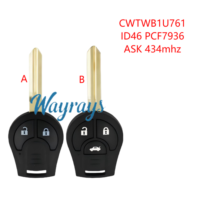 For Nissan CWTWB1U761 ID46 chip PCF7936A with ASK 434mhz 2/3 button remote key