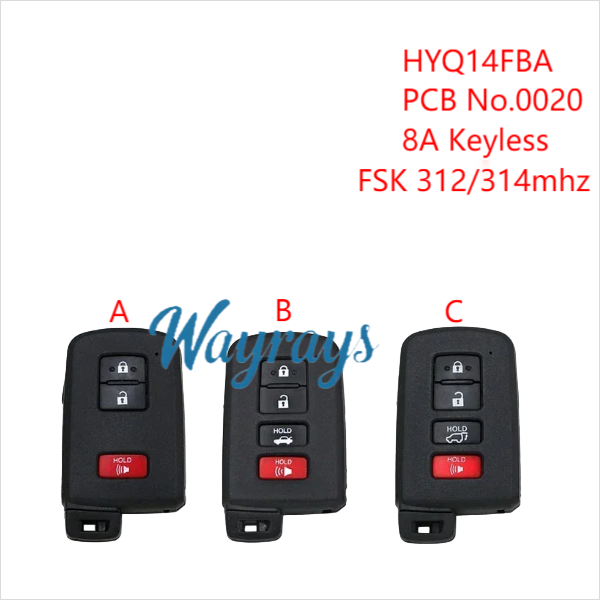 For Toyota HYQ14FBA 0020 PCB 8A chip with FSK 312/314mhz keyless 2+1/3+1 button remote key