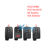 For Toyota HYQ14FBB 0010 PCB 8A chip with FSK 434mhz keyless 2/2+1/3 button remote key