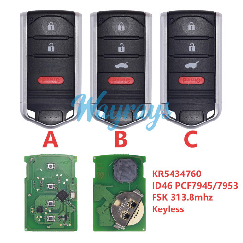 For Acura  KR5434760 ID46 chip PCF7945/7953A with FSK 313.8mhz keyless 2+1/3+1 button remote key