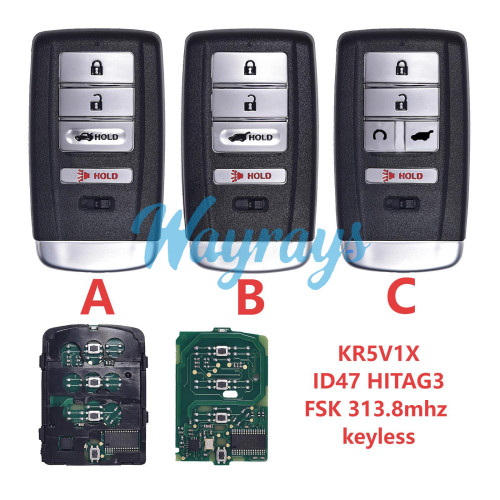 For Acura  KR5V1X A2C32522800 ID47 chip HITAG3 with FSK 313.8mhz keyless 3+1/4+1 button remote key