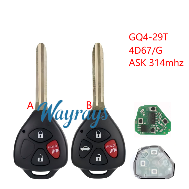 For Toyota GQ4-29T ASK 314mhz 2+1/3+1 button remote key Toy43 blade,please choose which chip you need