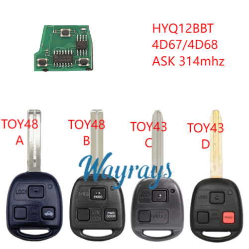 For Toyota HYQ12BBT ASK 314mhz 2/2+1/3 button remote key Toy48/Toy43 blade，please choose which chip you need