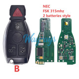 For Benz NEC FSK 315mhz 2+1/3+1 button remote key，two batteries style