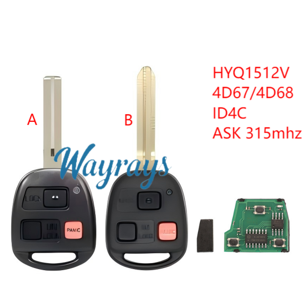 For Toyota HYQ1512V ASK 315mhz 2+1 button remote key Toy48/Toy43 blade,please choose which chip you need