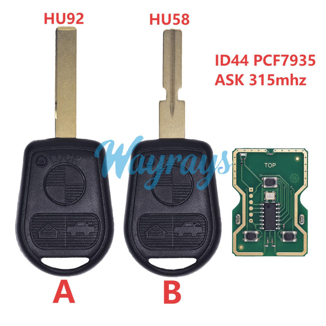 For BMW ID44 chip PCF7935 with ASK 315mhz 3 button remote key,HU92 blade
