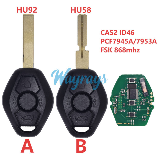 For BMW CAS2 system ID46 chip PCF7945A/PCF7953A with FSK with 868mhz 3 button remote key