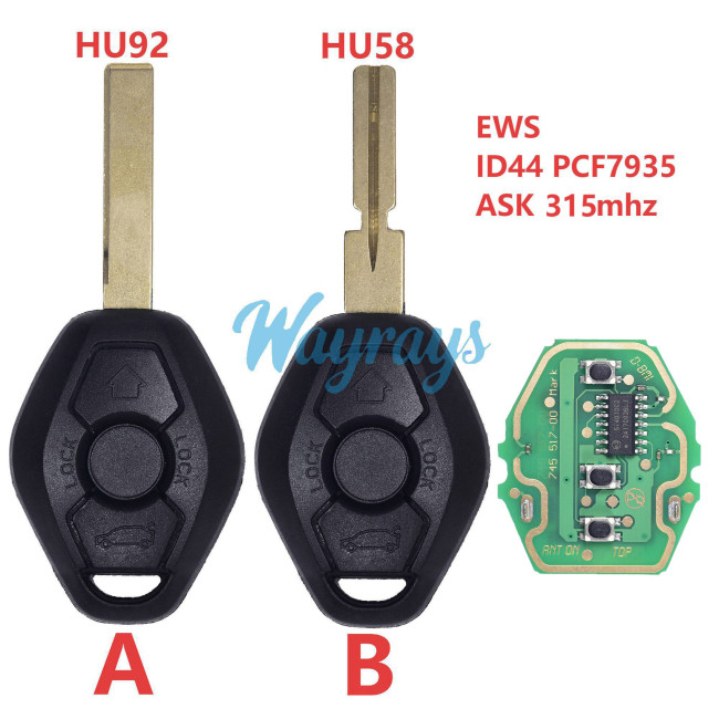 For BMW EWS system ID44 chip PCF7935 with ASK 315mhz 3 button remote key