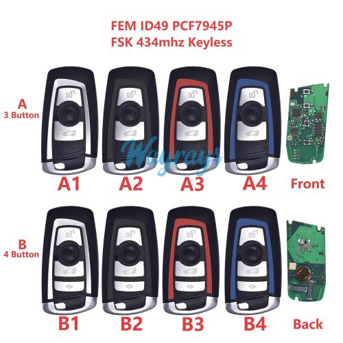 For BMW FEM system ID49 chip PCF7945P/PCF7953P FSK 434mhz keyless 3/4 button remote key