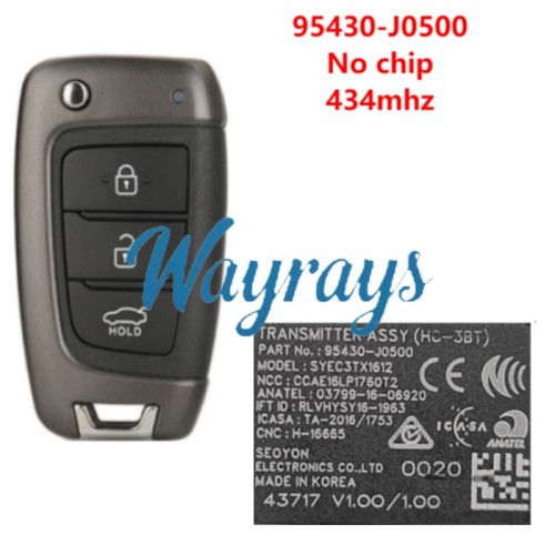 For Hyundai 2018 2019 Accent 95430-J0500/95430-H5000/95430-H6000 No chip 434mhz 3 button Sedan remote key