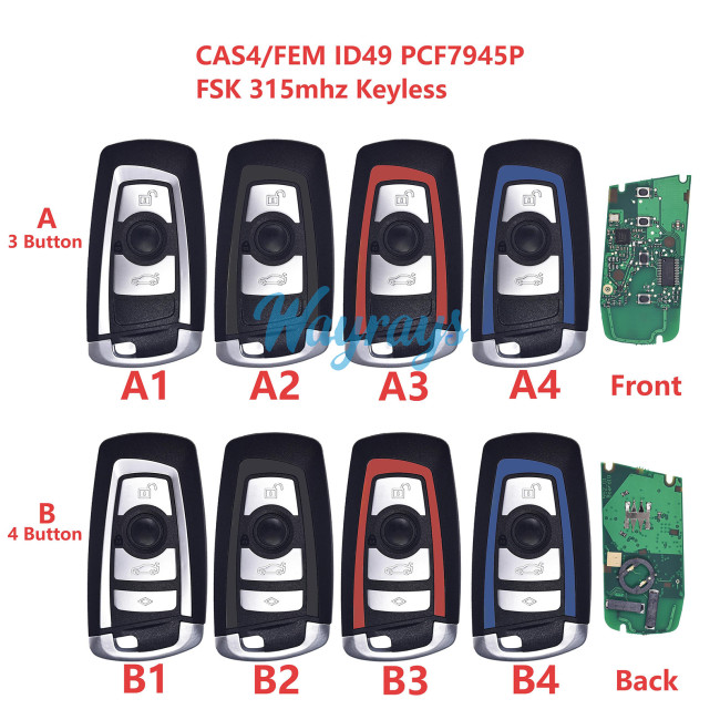 For BMW CAS4/FEM KR55WK49863 ID49 chip PCF7945P/7953P with FSK 315mhz keyless 3/4 button remote key