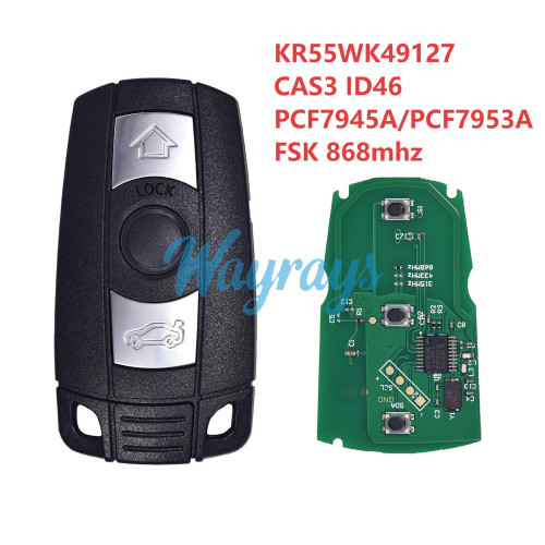 For BMW CAS3 KR55WK49127 ID46 chip PCF7945A/PCF7953A with FSK 868mhz 3 button remote key