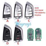 For BMW F series ID49 chip PCF7945P/PCF7953P with FSK 868mhz keyless 3/3+1/4 button remote key