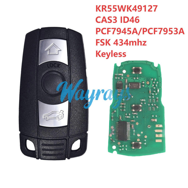 For BMW CAS3 KR55WK49127 ID46 chip PCF7945A/PCF7953A with FSK 434mhz keyless 3 button remote key