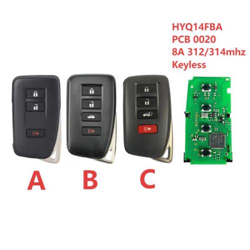 For Lexus HYQ14FBA PCB 0020 8A chip with 312/314mhz keyless 2+1/3+1 button remote key