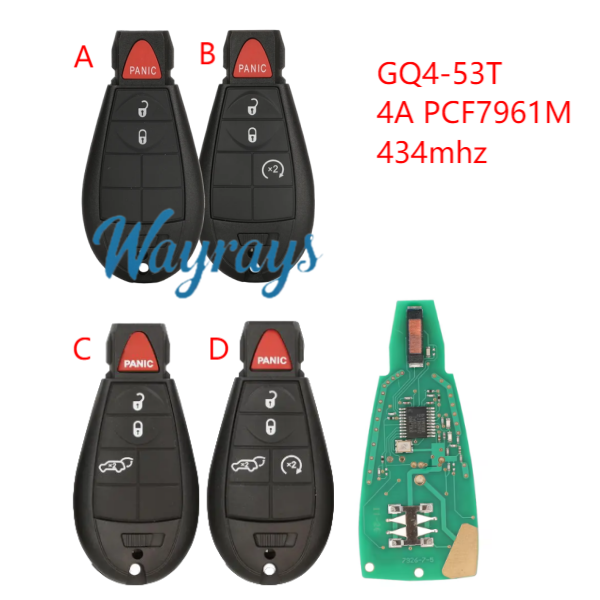 For Chrysler GQ4-53T 4A chip PCF7961M with 434mhz 2+1/3+1 button remote key
