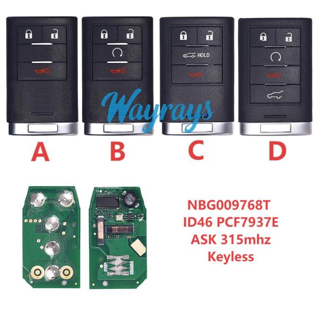 For Cadillac NBG009768T ID46  chip PCF7937E/HITAG2 with ASK 315mhz keyless remote key