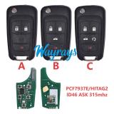 For Chevrolet OHT01060512 ID46 chip PCF7937E/HITAG2 with ASK 315mhz 2+1/3+1/4+1 button remote key