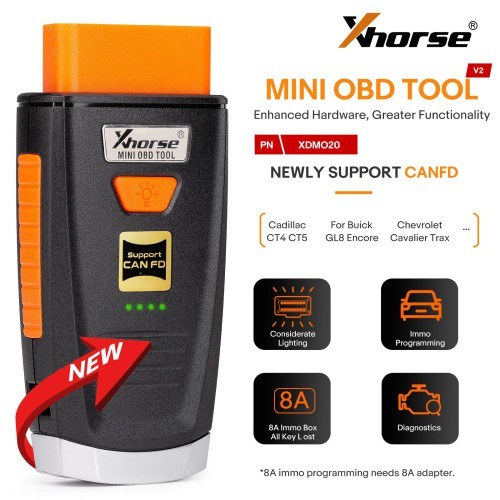 XDMO20 Xhorse Mini OBD Tool V2 Newly Supports CANFD Protocol / LED light / 8A IMMO Box All Key Lost