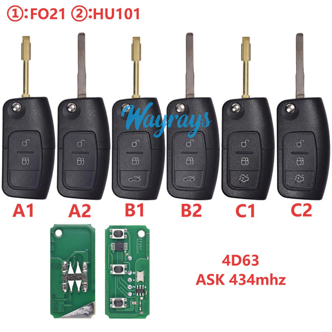 For Ford 4D63 chip with ASK 434mhz 2/3 button remote key
