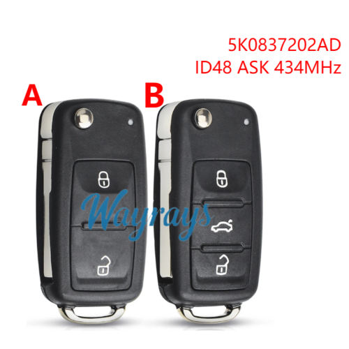 For VW 5K0837202AD ID48 chip with ASK 434mhz 2/3 button remote key