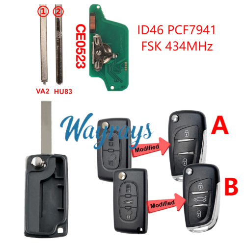 For  Citroen/Peugeot CE0523 ID46 chip PCF7941A with FSK 434mhz 2/3button Modified remote key，battery on the PCB,VA2/HU83 blade