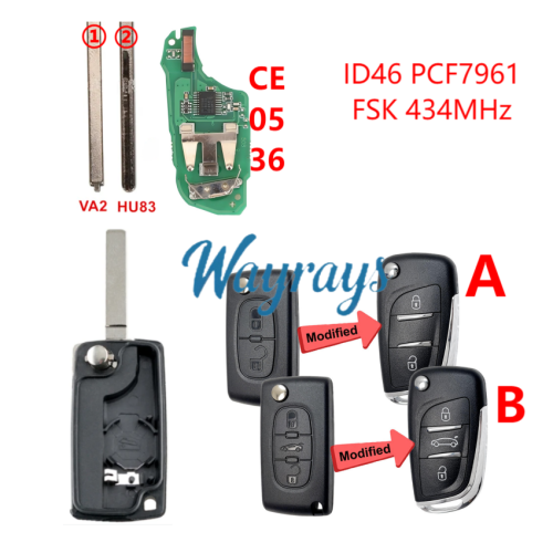 For Citroen/Peugeot CE0536 ID46 chip PCF7961 with FSK 434mhz 2/3 button modified remote key.battery in the shell,VA2/HU83 blade