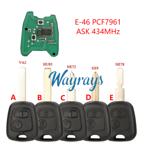 For Citroen/Peugeot ID46 chip PCF7961A with ASK 434mhz 2 button remote key