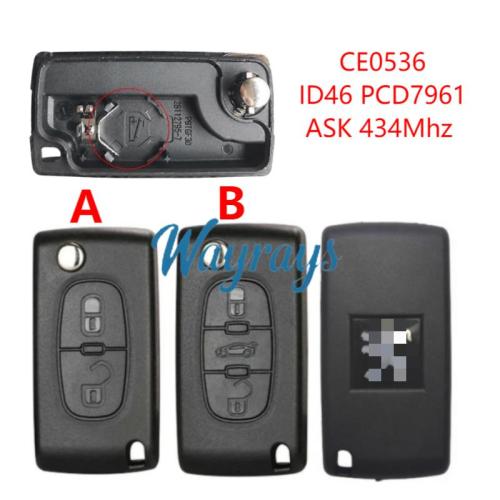 Original for Peugeot CE0536 ID46 chip PCF7961 with ASK 434mhz 2/3 button remote key