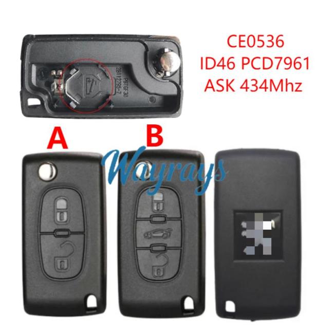 Original for Peugeot CE0536 ID46 chip PCF7961 with ASK 434mhz 2/3 button remote key