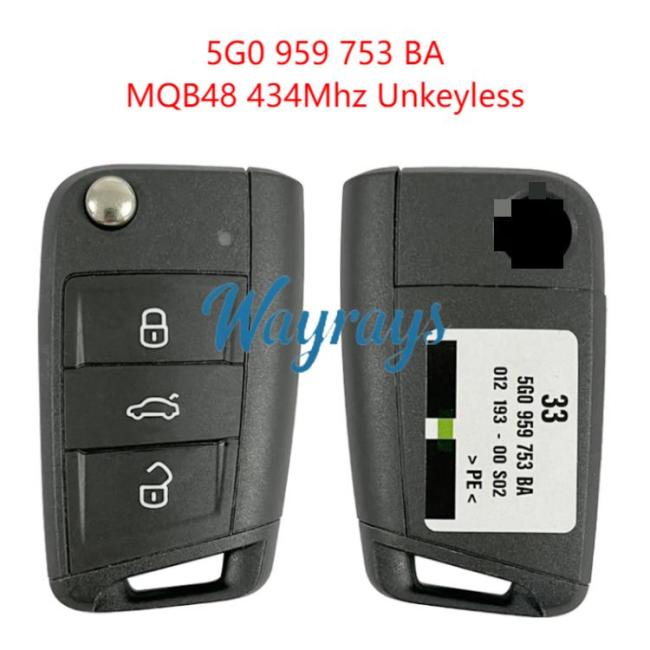Original for VW 5G0 959 753 BA MQB48 chip 434mhz 3 button remote key,unkeyless
