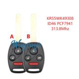 For Honda KR55WK49308 ID46 chip PCF7941 with 313.8mhz 2+1/3+1 button remote key