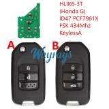For Honda HLIK6-3T (Honda G) ID47 chip PCF7961X with FSK 434mhz keyless 2/3 button remote key