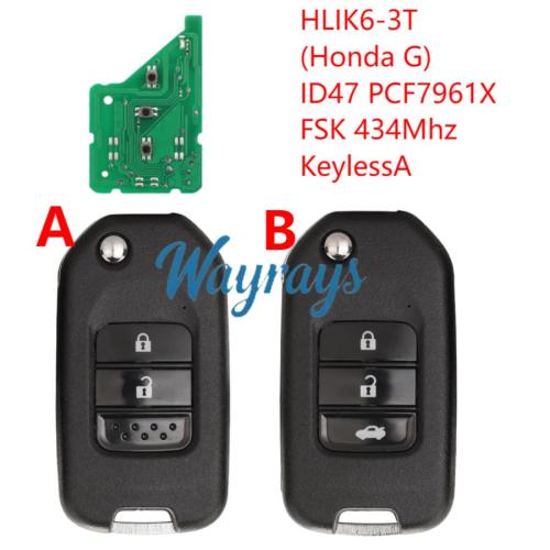 For Honda HLIK6-3T (Honda G) ID47 chip PCF7961X with FSK 434mhz keyless 2/3 button remote key