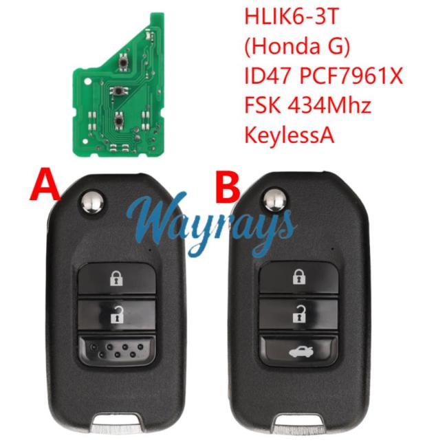 For Honda HLIK6-3T (Honda G) ID47 chip PCF7961X with FSK 434mhz keyless 2/3 button remote key